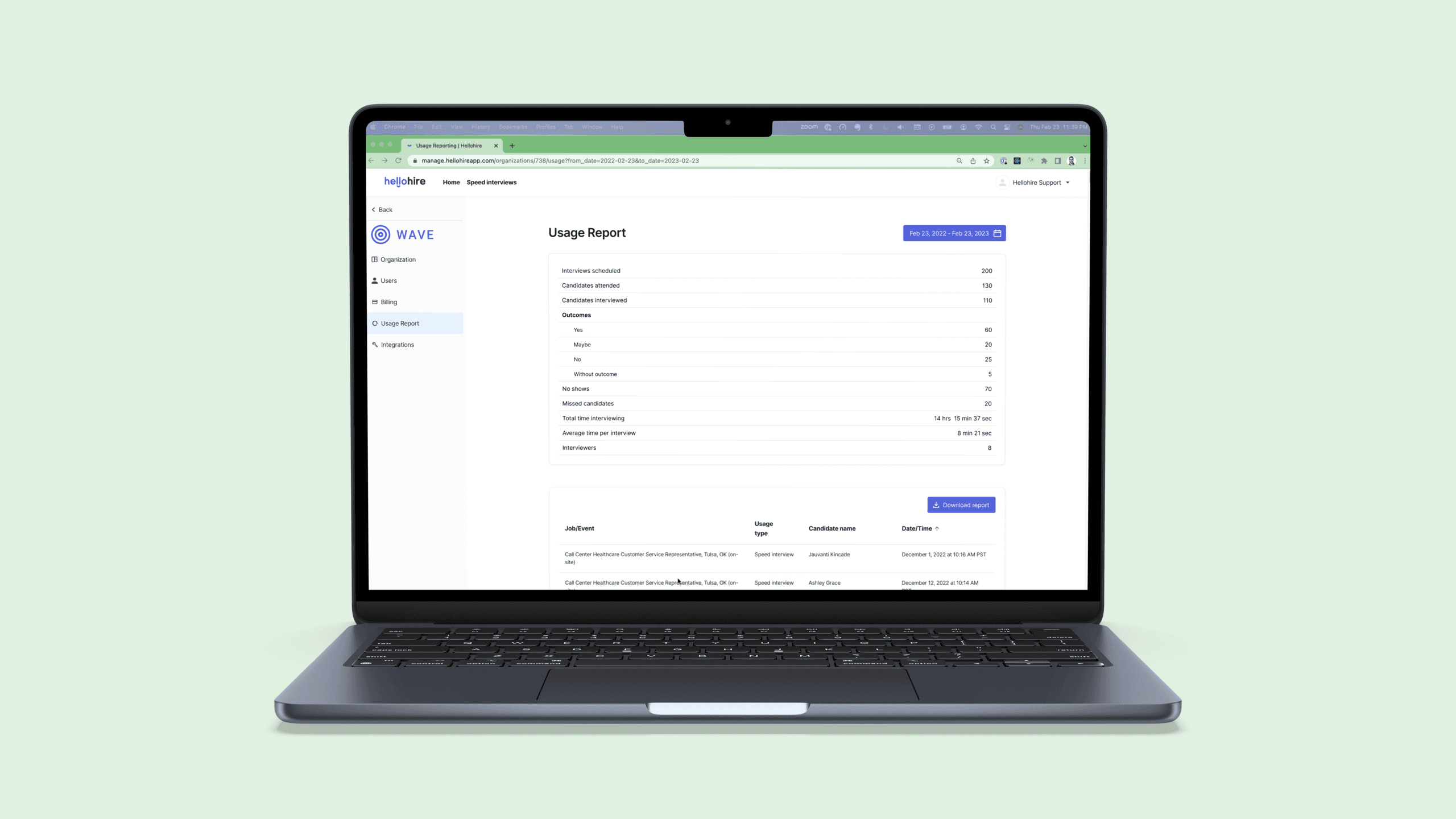 The Hellohire usage report, listing interviews scheduled, candidate attendance, outcomes and interview timing over a year, shown on a laptop.